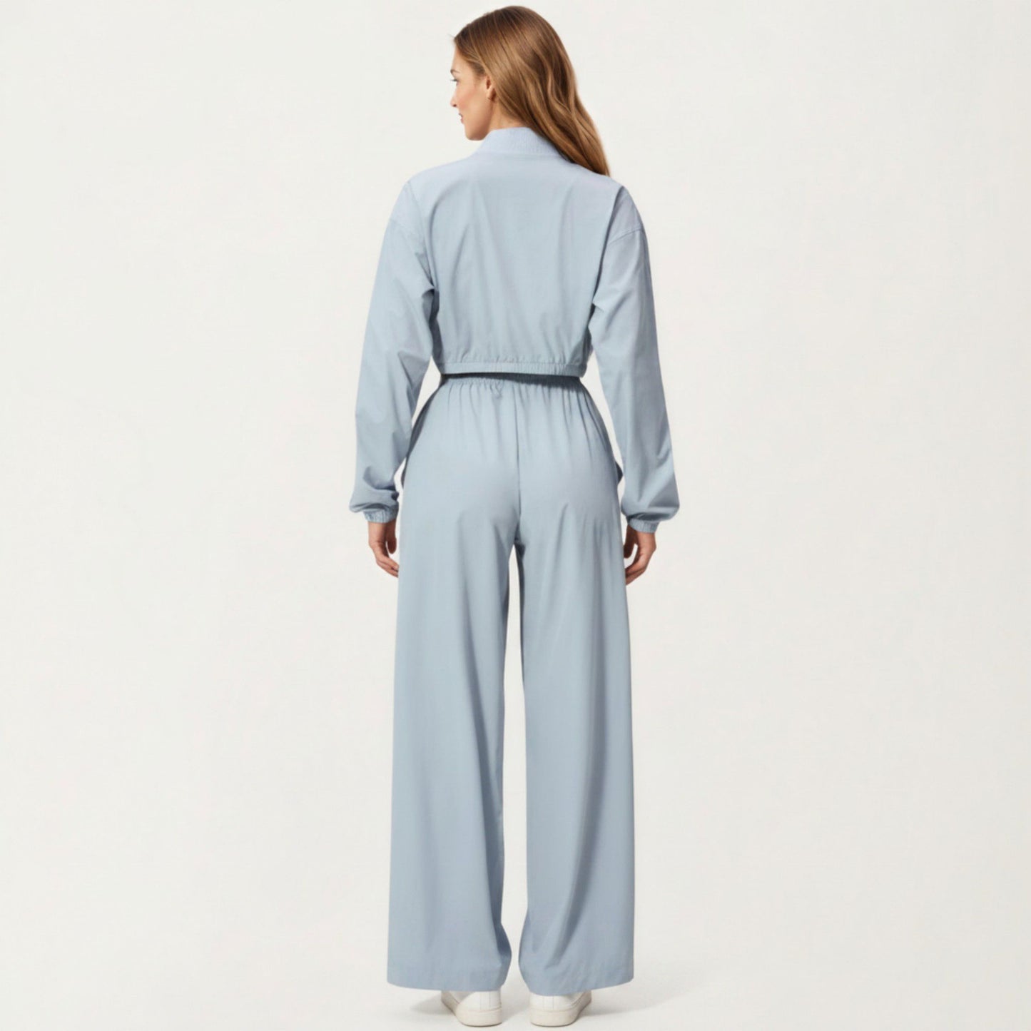 Cropped Zip Front Jacket with Elastic Hem and Long Sleeves