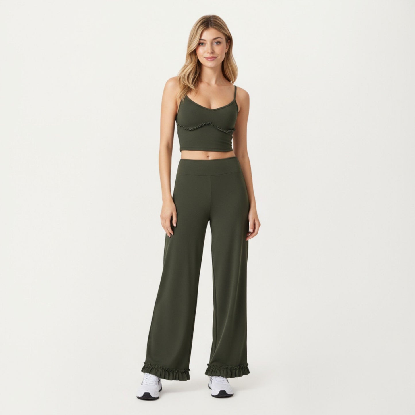 High Waist Wide Leg Sweatpants with Ruffle Hem Detail