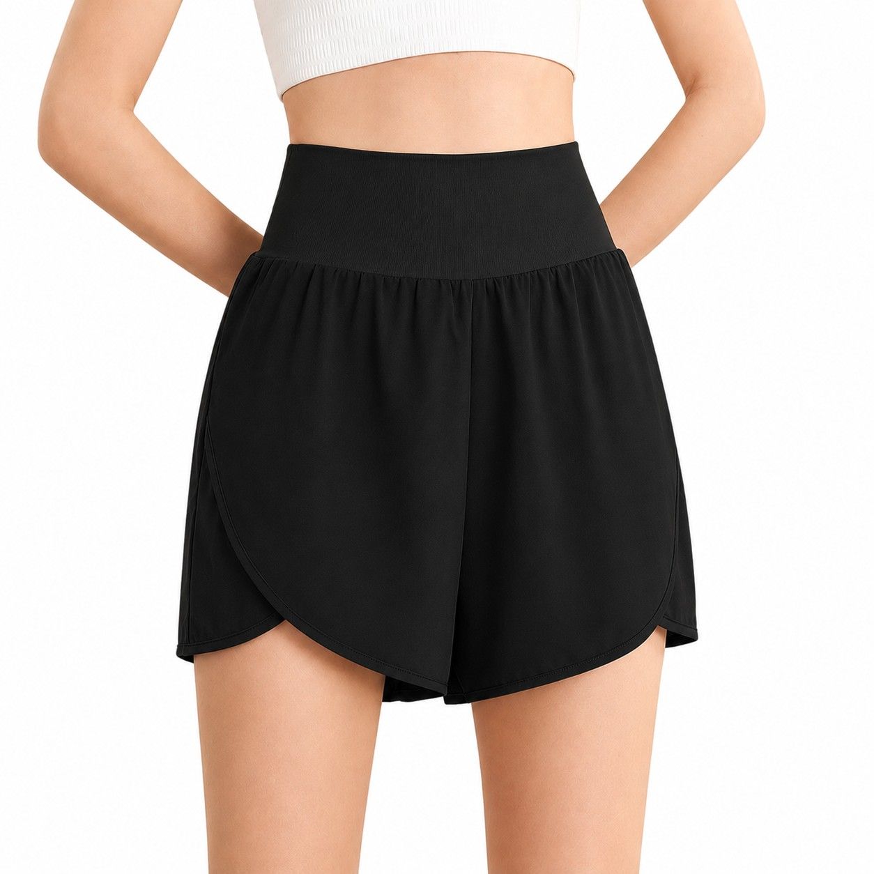 High Rise Running Shorts with Curved Hem and Side Pocket