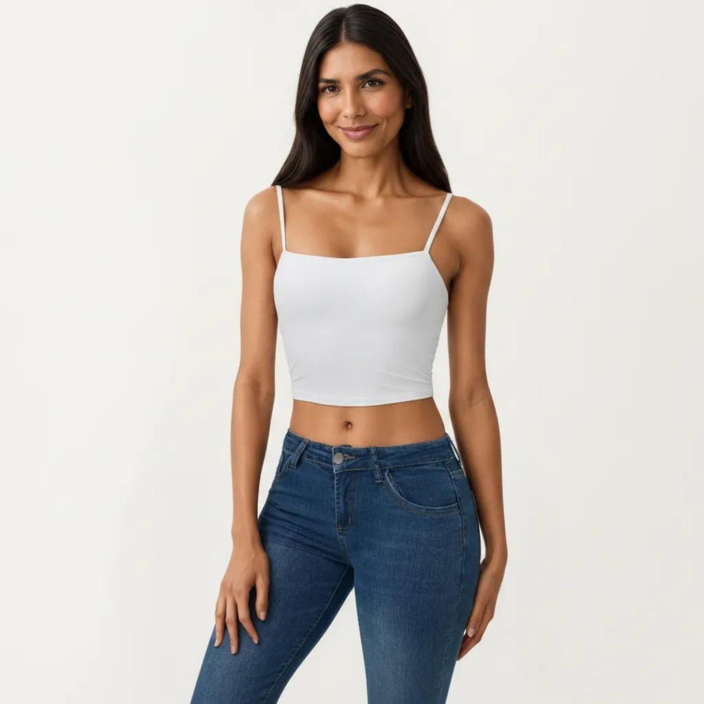 Longline Cami Sports Bra with Adjustable Straps and Straight Neckline