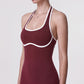 Sleeveless Active Romper with Built In Bra Halter Neck Contrast Trim and Fitted Shorts