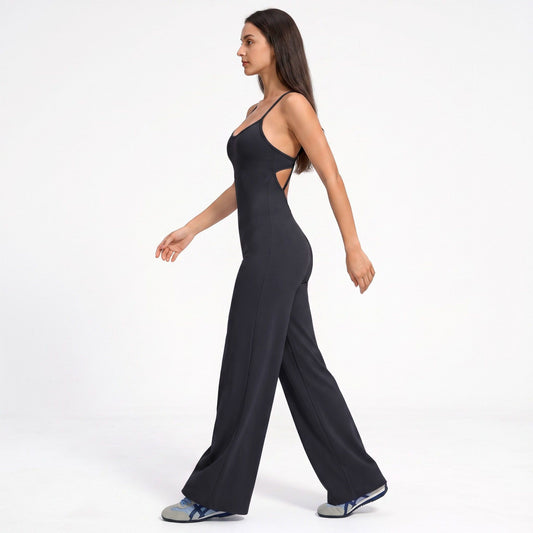 Scoop Neck Wide Leg Athletic Jumpsuit with Adjustable Crisscross Back Straps for Yoga Gym