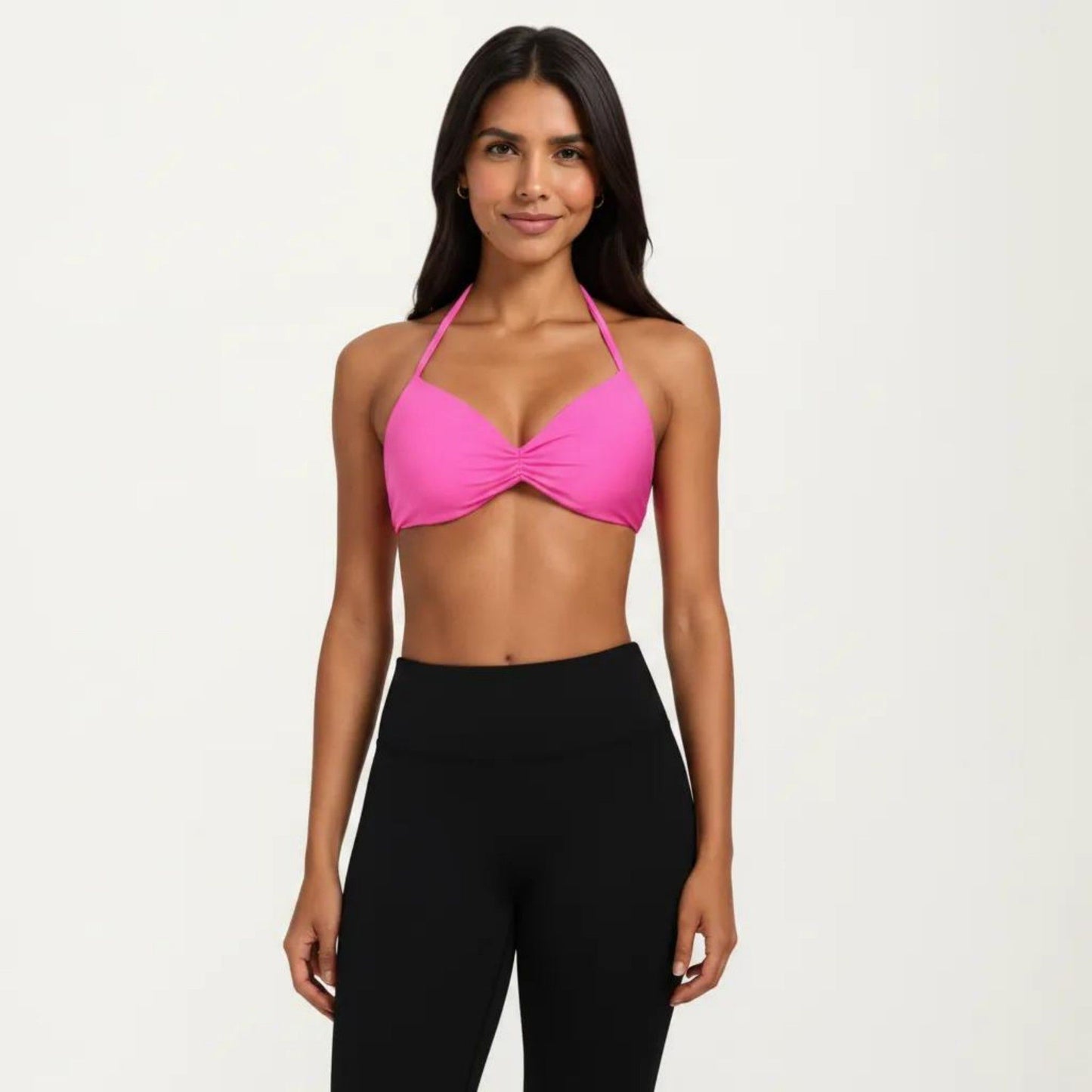 Halter Sports Bra with Ruched Front Detail and Open Back Design