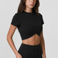 Short Sleeve Twist Front Crop Workout Top Crew Neck Yoga Activewear T Shirt