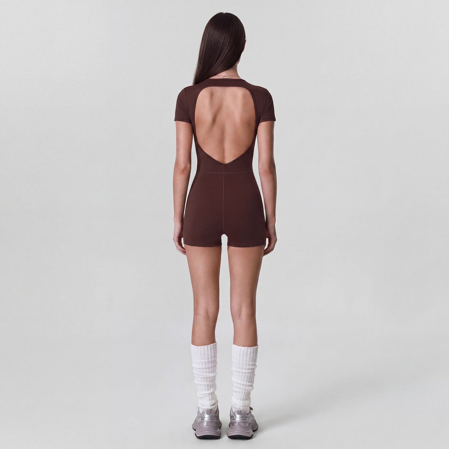 Short Sleeve One Piece Active Romper with Crew Neck Built In Padding Fitted Shorts and Smooth Stretch Fabric