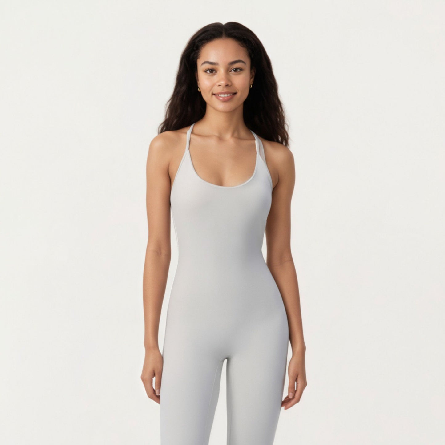 Scoop Neck Full-Length Activewear Bodysuit with Spaghetti Straps