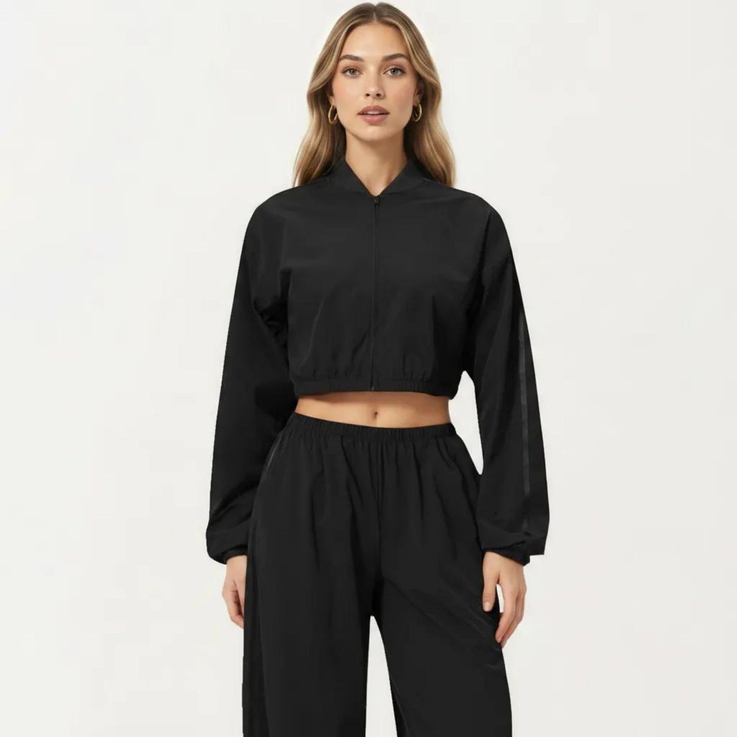 Cropped Zip Front Jacket with Elastic Hem and Long Sleeves