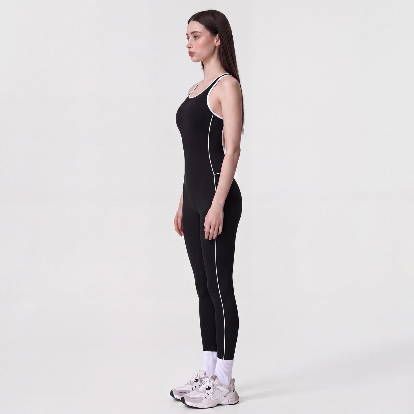 Sleeveless One Piece Active Jumpsuit with Contrast Piping Scoop Neck and Full Length Legging Fit