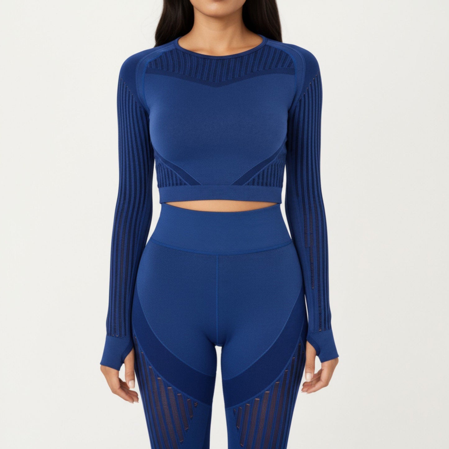 Long Sleeve Seamless Crop Top with Ribbed Texture and Contour Panels