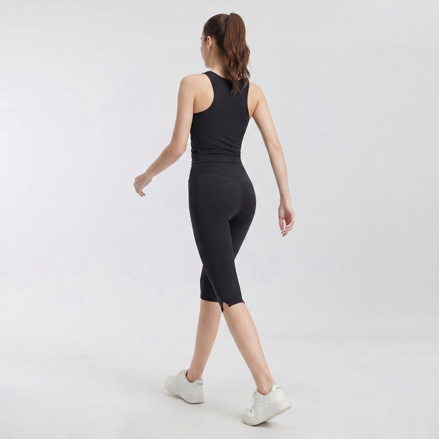 High Waist Capri Leggings with Side Slit Hem Smooth Stretch Pull On Workout Yoga Pants