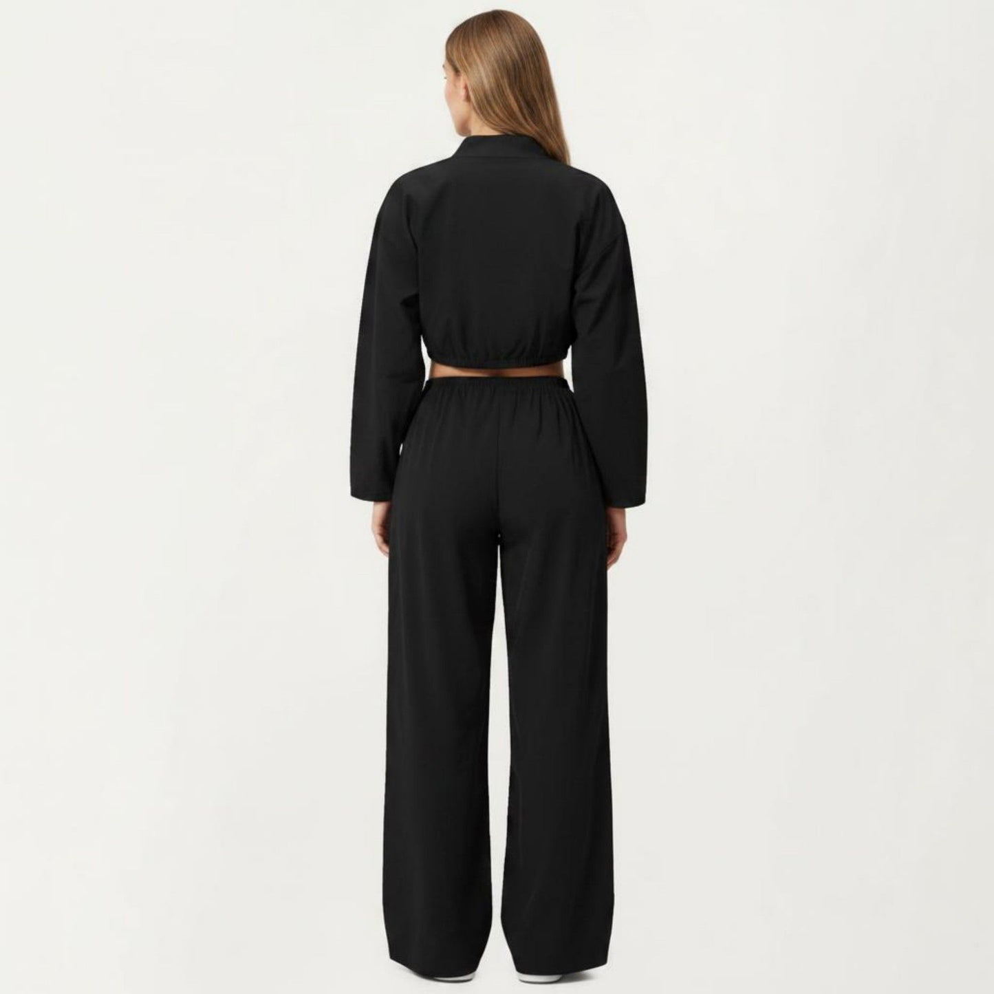 Cropped Zip Front Jacket with Elastic Hem and Long Sleeves