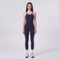 Sleeveless One Piece Active Jumpsuit with Contrast Piping Scoop Neck and Full Length Legging Fit