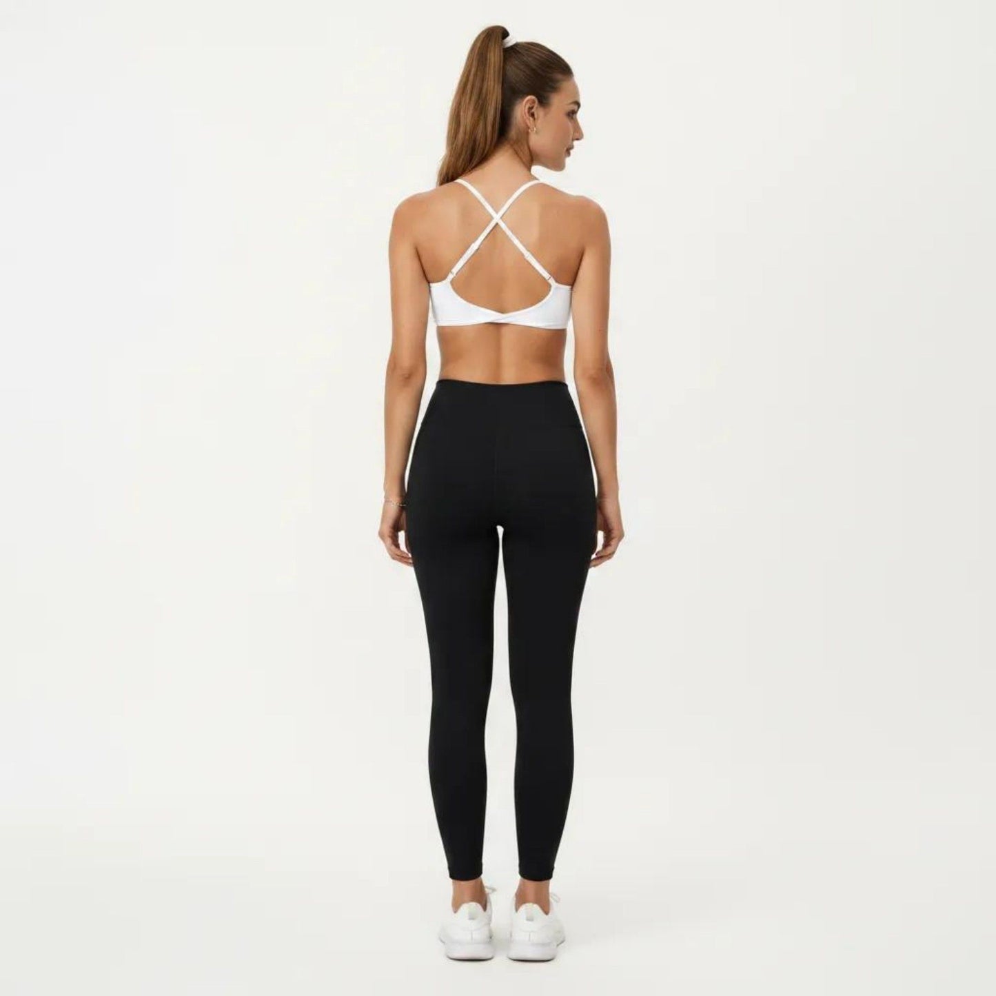 Strappy Sports Bra with Adjustable Cross Back and Scoop Neck Front