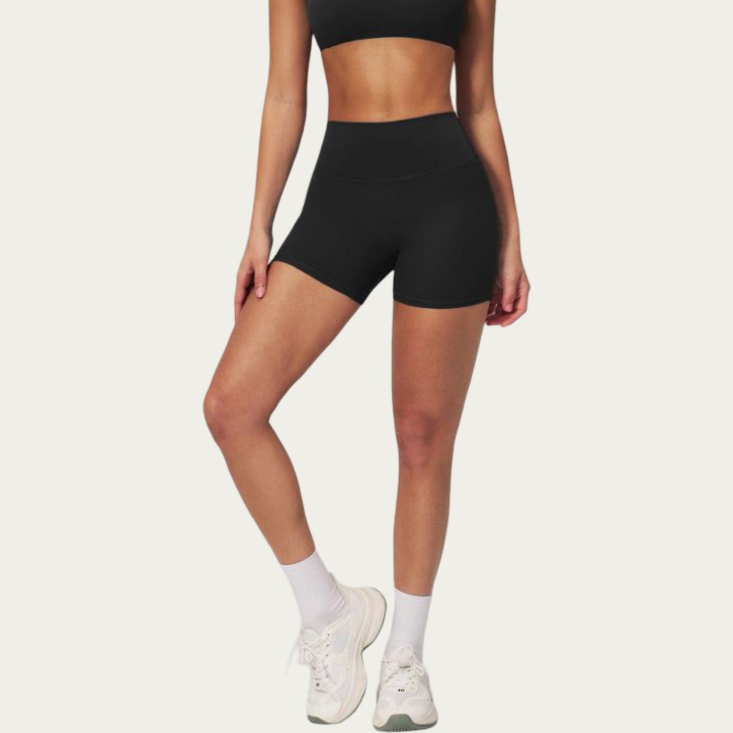 High Waist Mini Biker Shorts with Smooth Stretch Fabric and Seam Detail