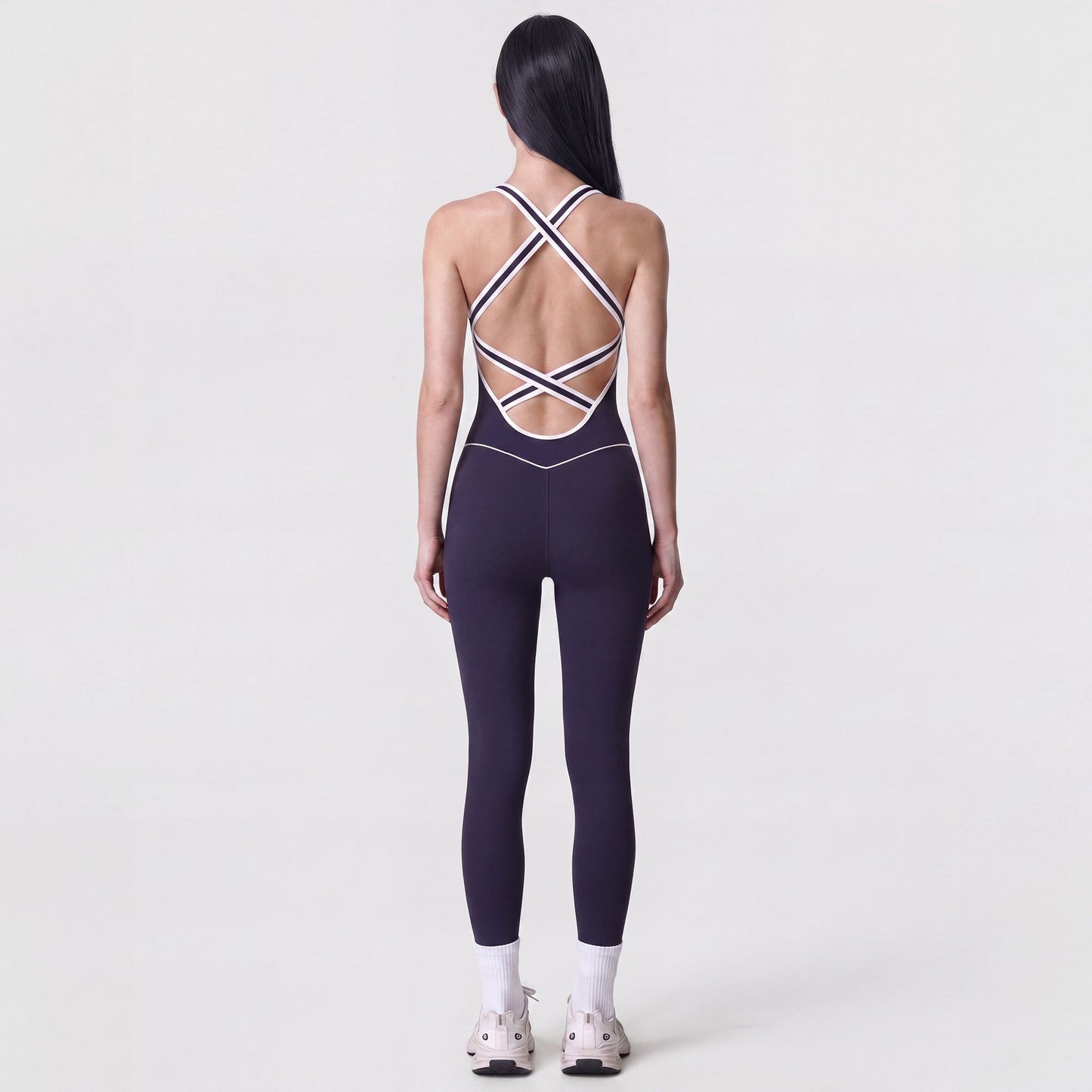 Sleeveless One Piece Active Jumpsuit with Contrast Piping Scoop Neck and Full Length Legging Fit