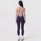 Sleeveless One Piece Active Jumpsuit with Contrast Piping Scoop Neck and Full Length Legging Fit