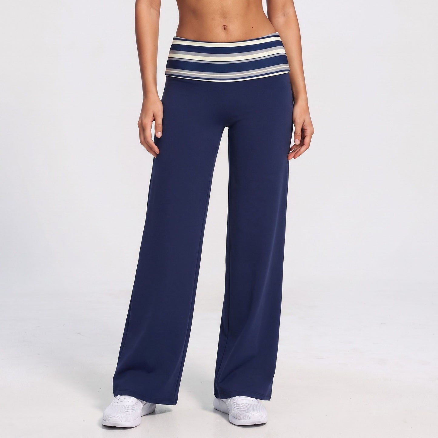 Striped Foldover Waist Wide Leg Yoga Pants Full Length Flowy Workout Trousers