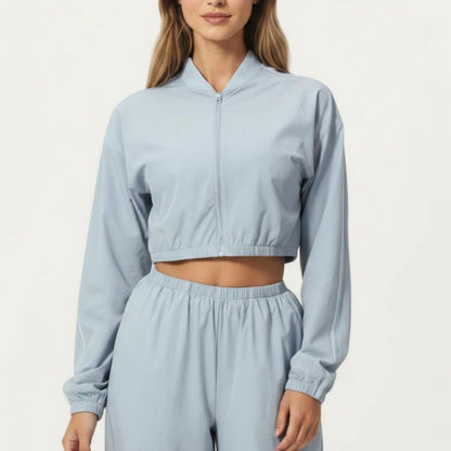Cropped Zip Front Jacket with Elastic Hem and Long Sleeves