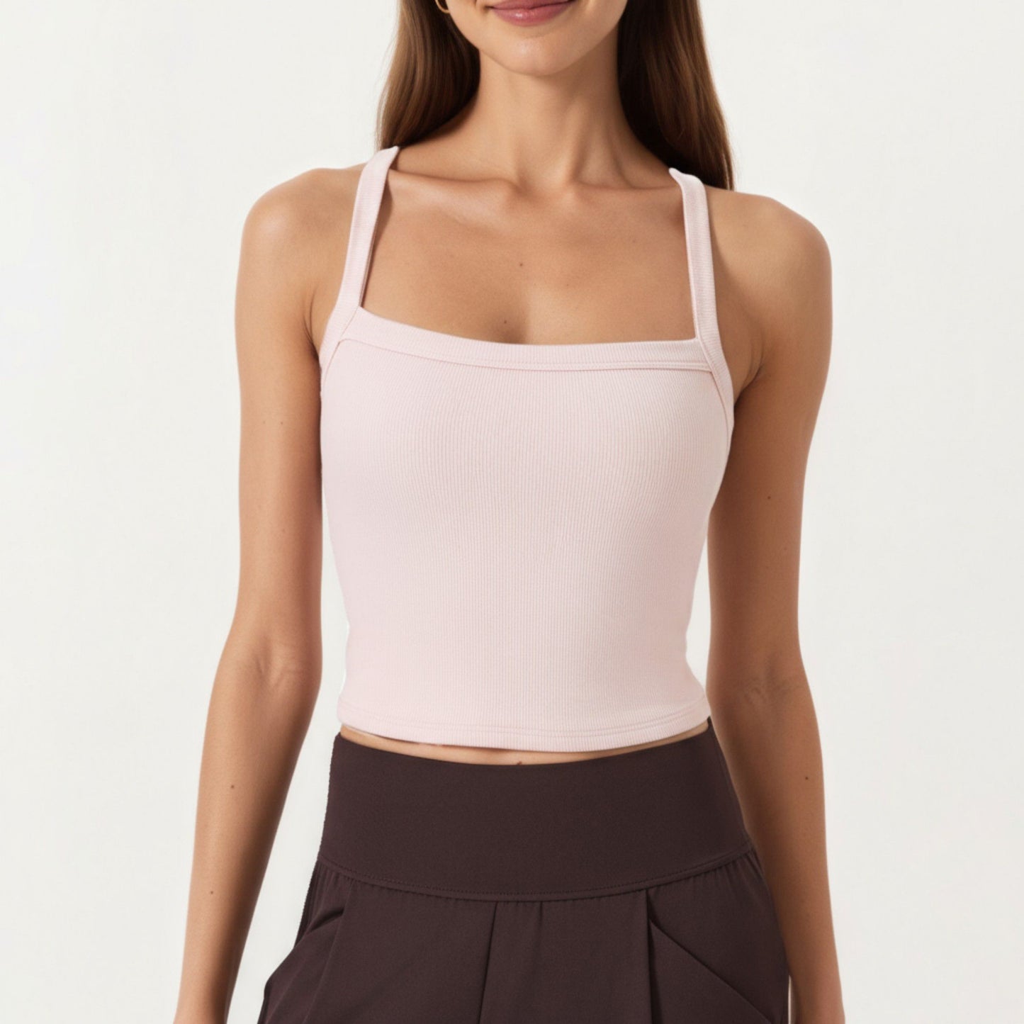 Square Neck Ribbed Knit Cropped Tank Top with Wide Shoulder Straps