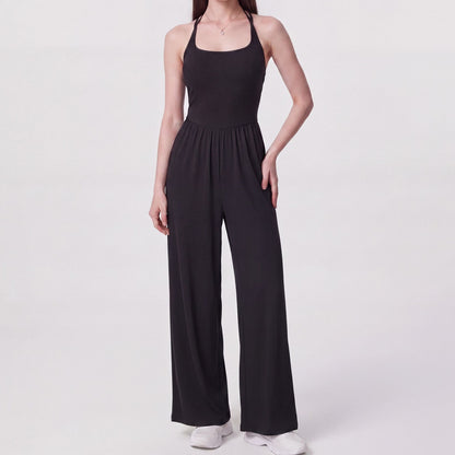 Sleeveless Halter Neck Wide Leg Jumpsuit with Ribbed Bodice Gathered Waist and Flowy Pants