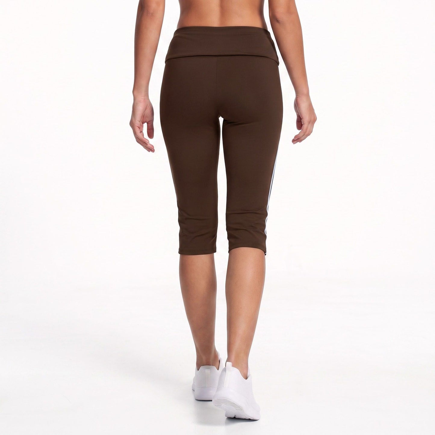 Foldover Waist Capri Leggings with Contrast Side Stripes