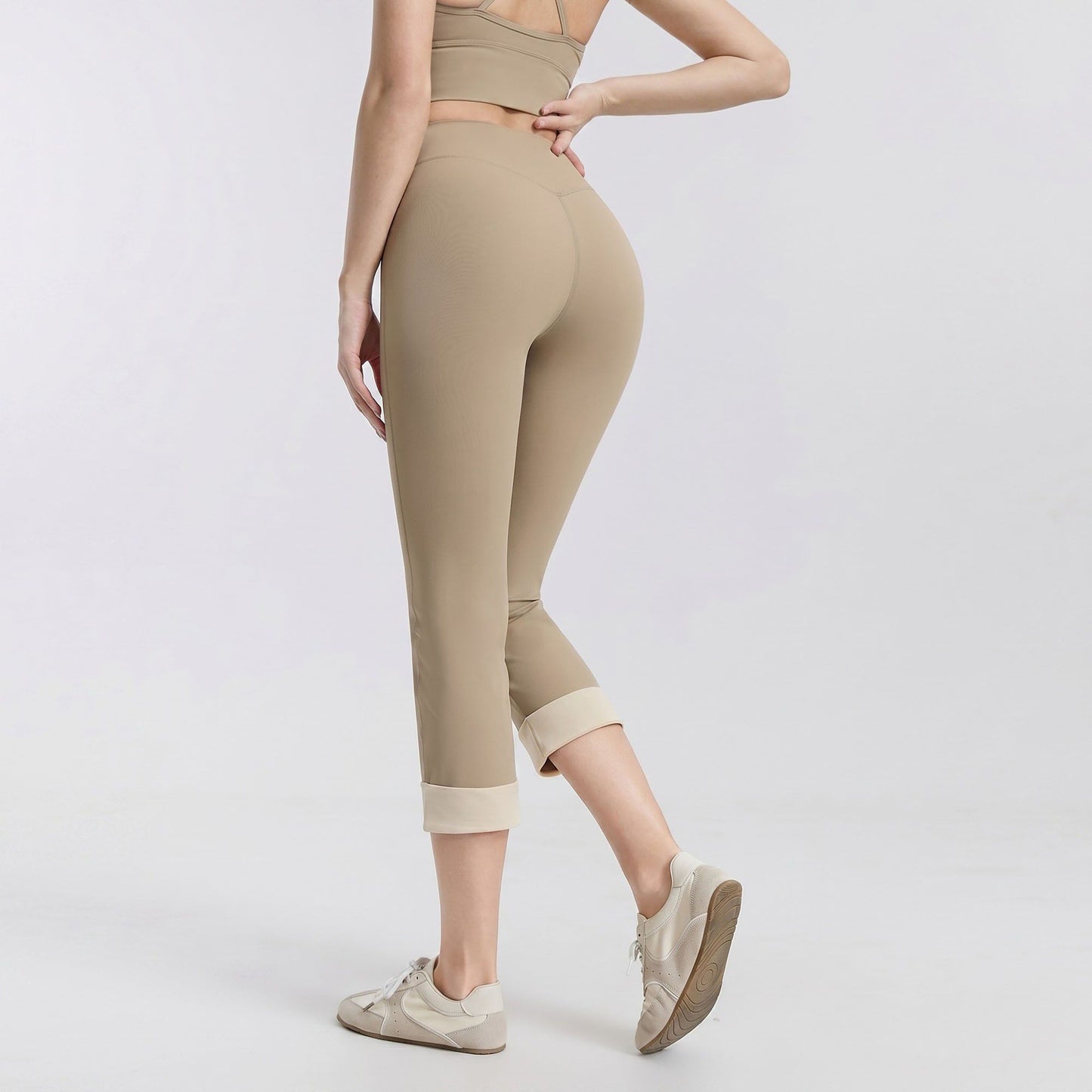 High Waist Capri Leggings with Folded Cuff Hem Wide Waistband Smooth Stretch Yoga Pants