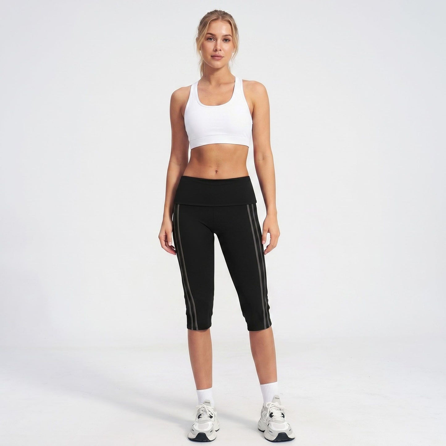 High Waist Side Stripe Capri Leggings Wide Waistband Cropped Workout Yoga Pants