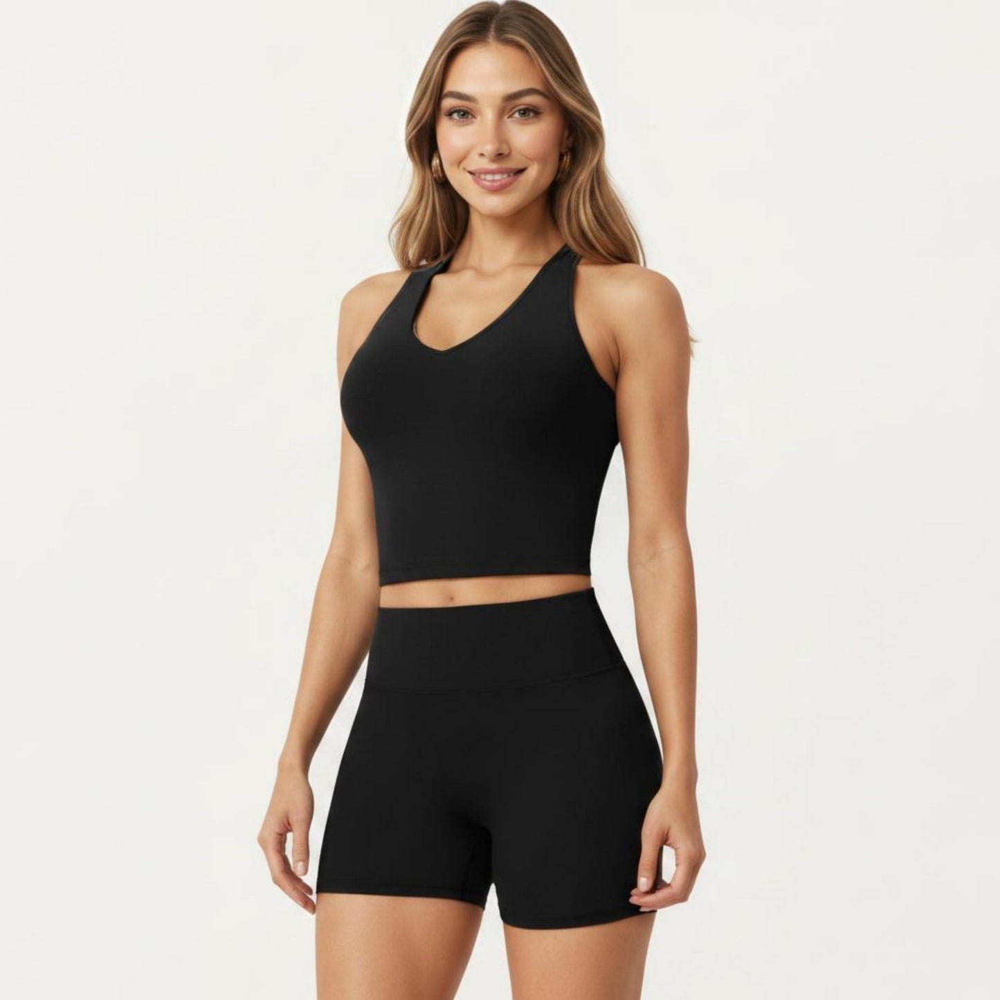 High Neck Longline Sports Bra with Open Back and Cropped Active Fit
