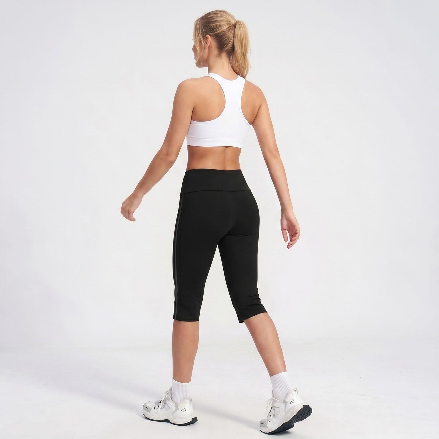 High Waist Side Stripe Capri Leggings Wide Waistband Cropped Workout Yoga Pants
