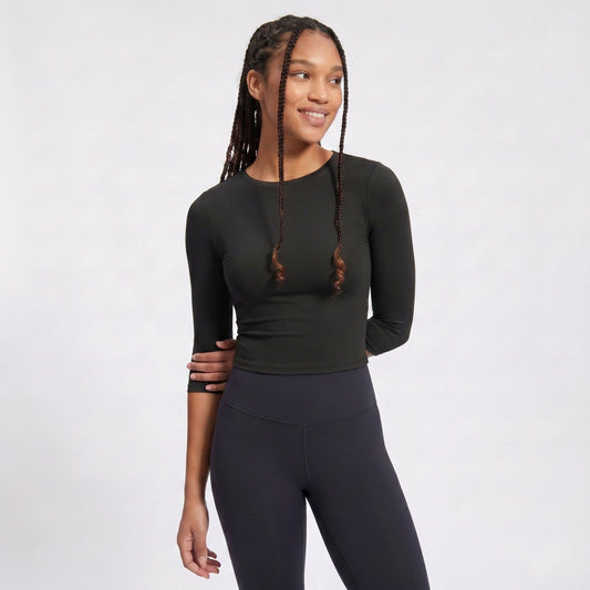 Elbow Sleeve Workout Top Crew Neck Fitted Crop Yoga Activewear Shirt