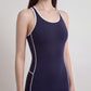 Sleeveless One Piece Active Jumpsuit with Contrast Piping Scoop Neck and Full Length Legging Fit
