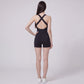 Sleeveless Active Romper with Cross Back Straps Ruched Bust Contour Seams and Fitted Shorts