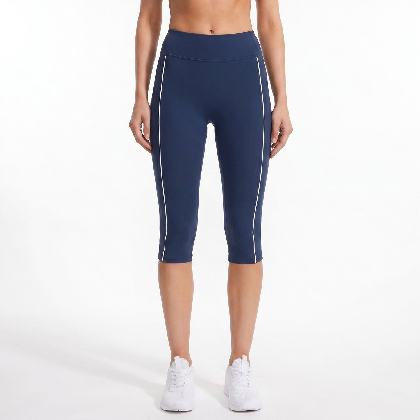 High Waist Side Stripe Capri Leggings Wide Waistband Cropped Workout Yoga Pants