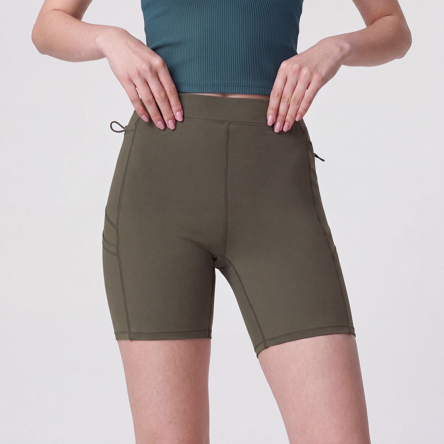 High Waist Ribbed Biker Shorts with Side Pocket and Adjustable Drawcord Detail