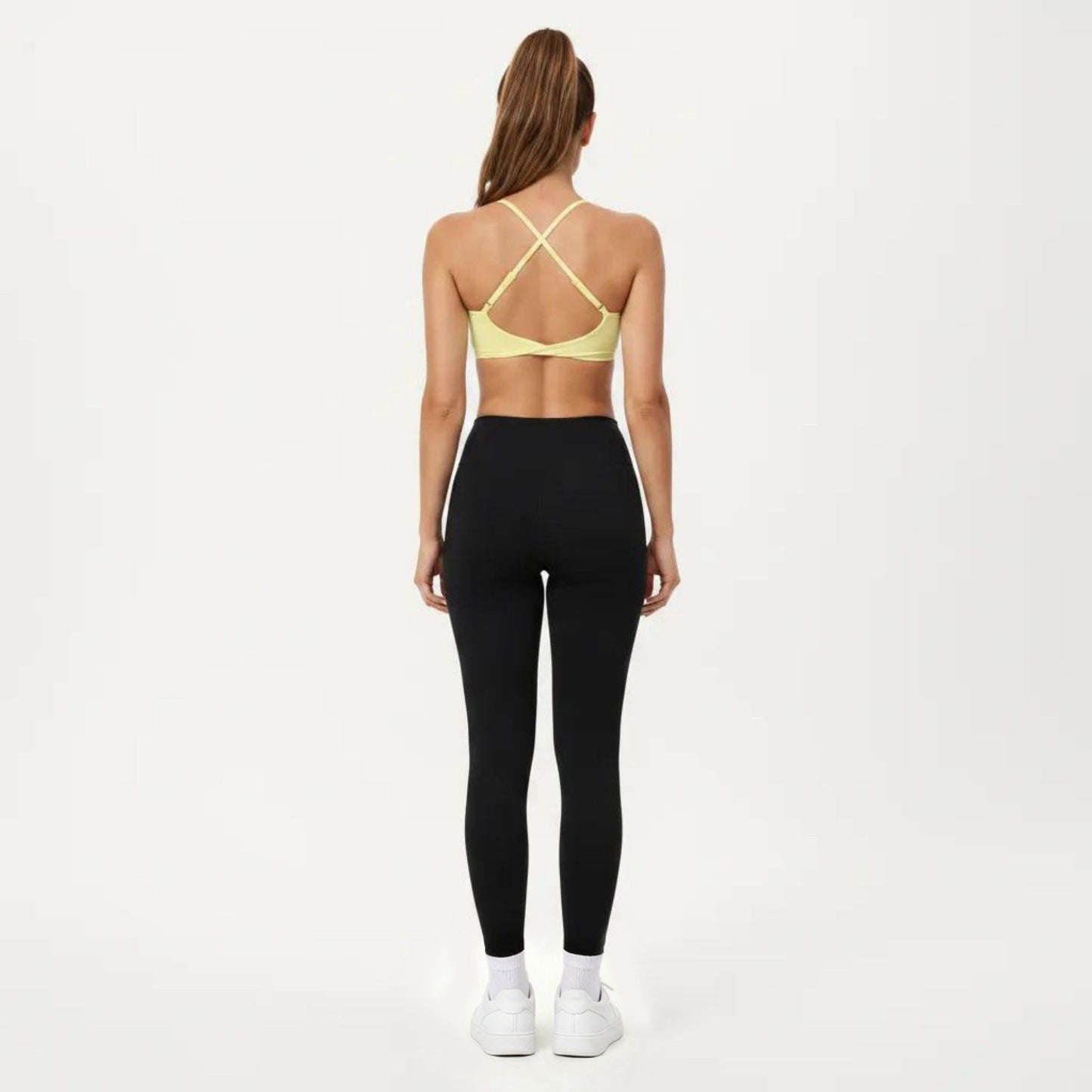 Strappy Sports Bra with Adjustable Cross Back and Scoop Neck Front