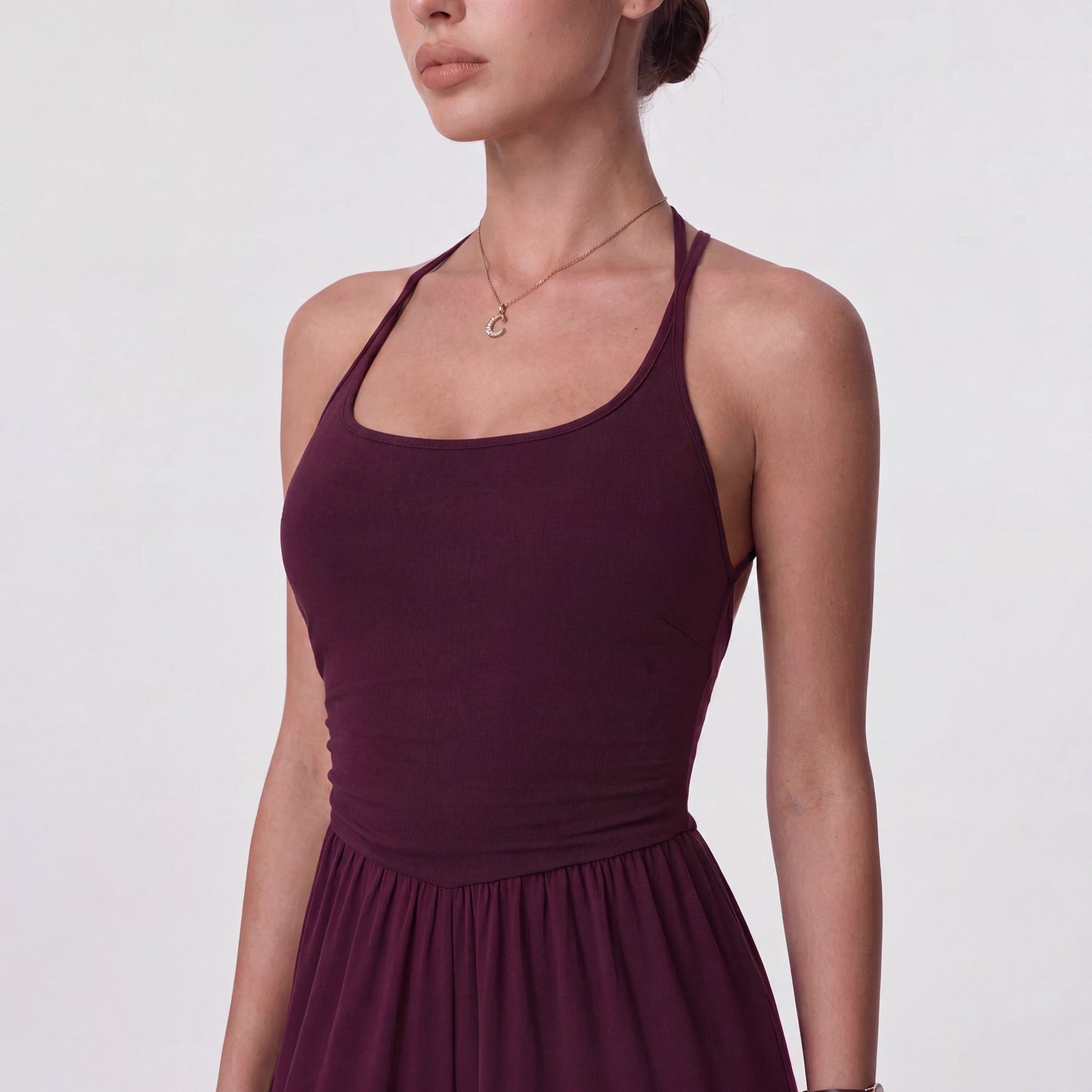 Sleeveless Halter Neck Wide Leg Jumpsuit with Ribbed Bodice Gathered Waist and Flowy Pants