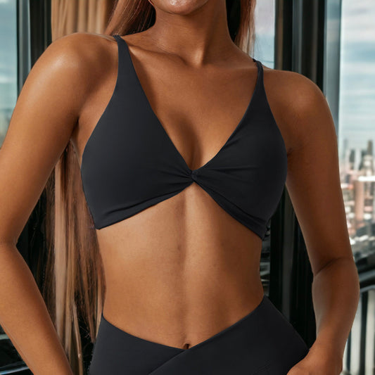 Plunge Neck Twist Front Sports Bra