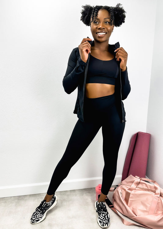 Three-Piece Hooded Zip Jacket, Sports Bra, and High-Rise Leggings Set