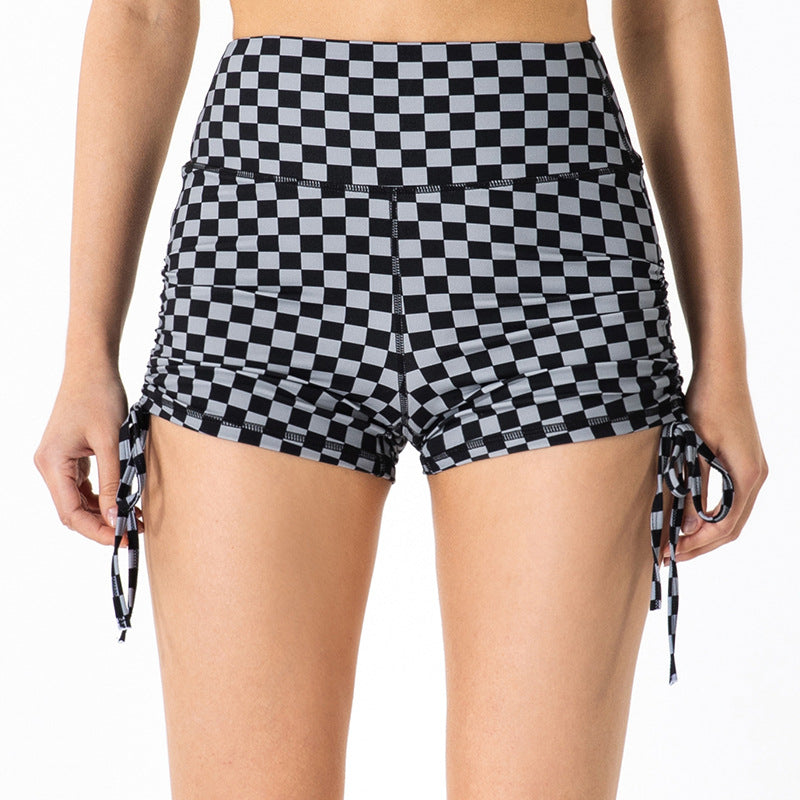 Checkered High Rise Adjustable Drawstring Ruched Shorts