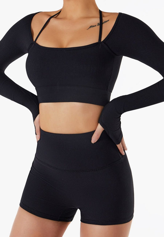 Square Neck Long Sleeve Active Top & Shorts Two Piece Set