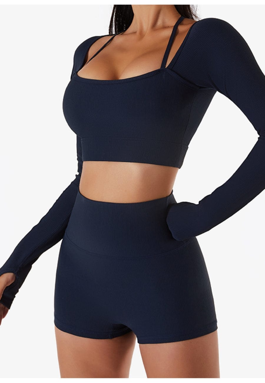 Square Neck Long Sleeve Active Top & Shorts Two Piece Set