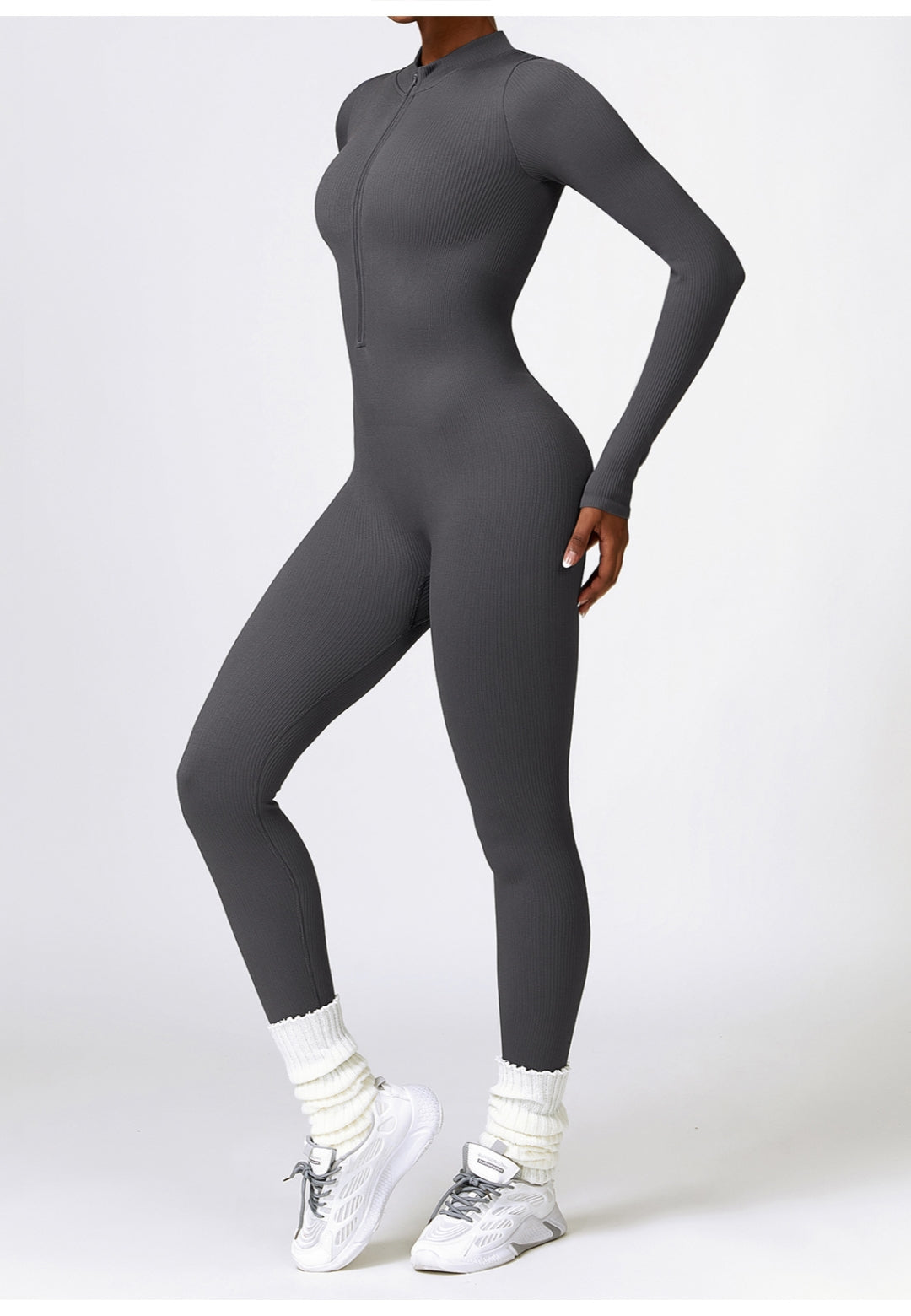 Zip-Up Ribbed Knit Unitard Jumpsuit