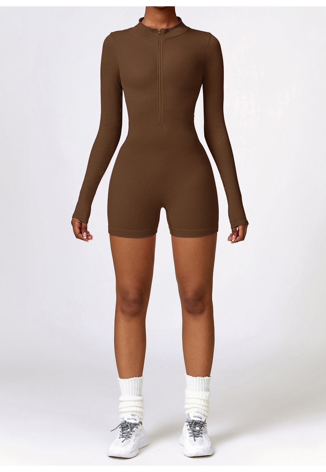 Zip-Up Ribbed Knit Unitard Romper